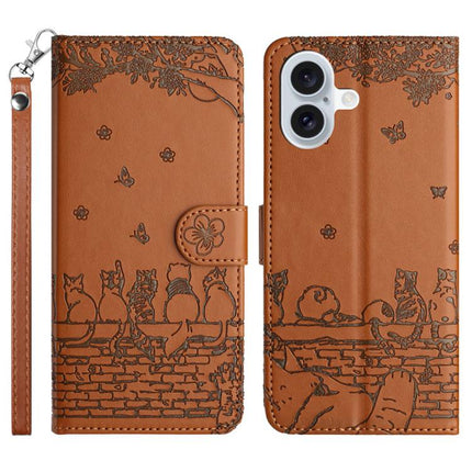 Cat Embossing Pattern Leather Phone Case with Lanyard, For iPhone 17 Pro Max, For iPhone 17 Pro, For iPhone 17, For iPhone Air
