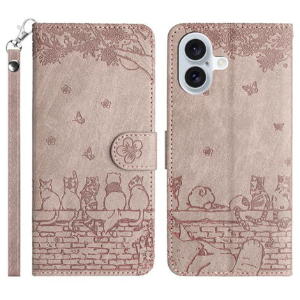 Cat Embossing Pattern Leather Phone Case with Lanyard, For iPhone 17 Pro Max, For iPhone 17 Pro, For iPhone 17, For iPhone Air