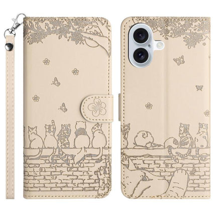 Cat Embossing Pattern Leather Phone Case with Lanyard, For iPhone 17 Pro Max, For iPhone 17 Pro, For iPhone 17, For iPhone Air