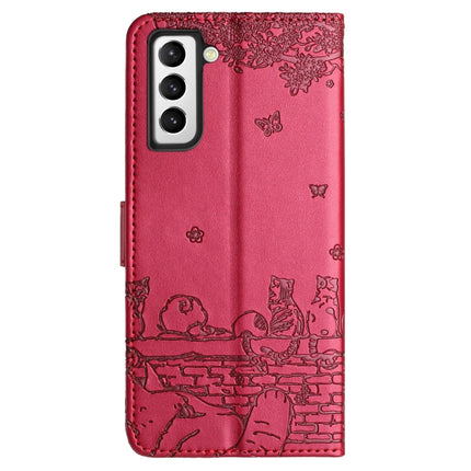 Cat Embossing Pattern Leather Phone Case with Lanyard, For Samsung Galaxy S21, For Samsung Galaxy S21+, For Samsung Galaxy S21 Ultra, For Samsung Galaxy A12