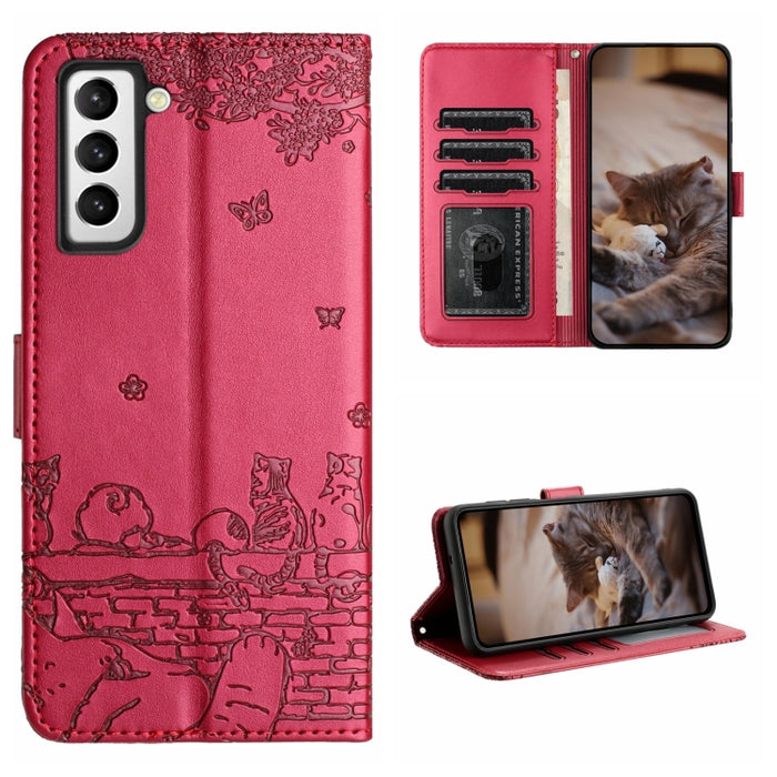 Cat Embossing Pattern Leather Phone Case with Lanyard, For Samsung Galaxy S22+, For Samsung Galaxy S22, For Samsung Galaxy A22 5G, For Samsung Galaxy S21 FE