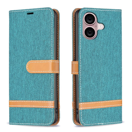 Color Block Denim Texture Leather Phone Case, For iPhone 16 Plus, For iPhone 16