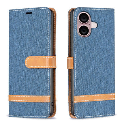 Color Block Denim Texture Leather Phone Case, For iPhone 16 Plus, For iPhone 16