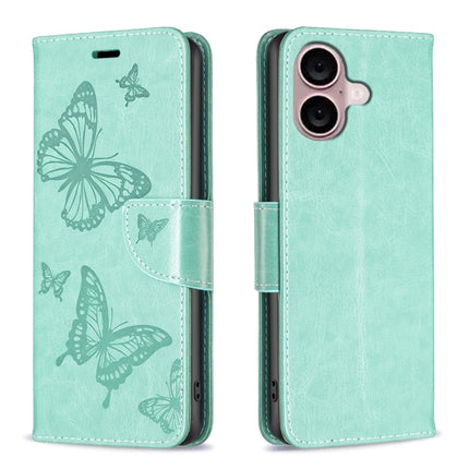 Embossing Two Butterflies Pattern Leather Phone Case, For iPhone 16 Pro Max, For iPhone 16 Pro, For iPhone 16 Plus, For iPhone 16