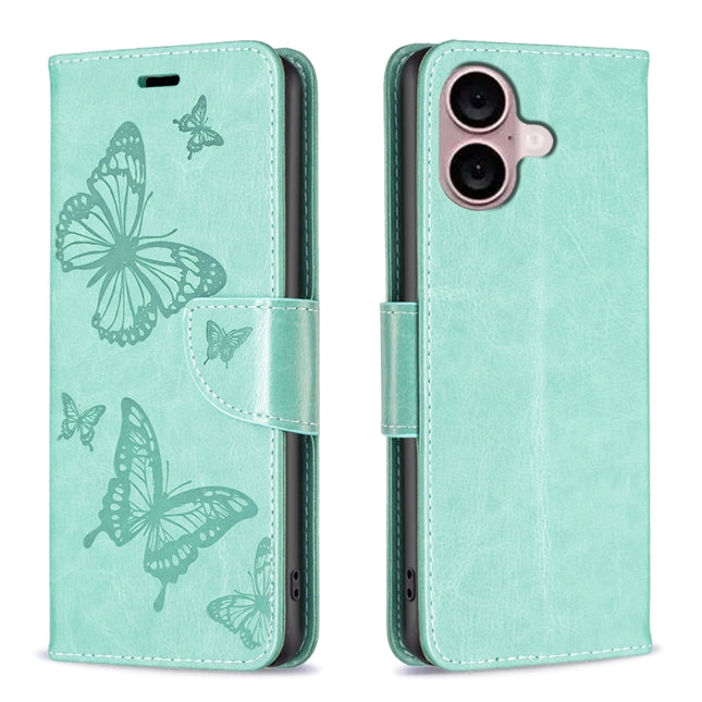 Embossing Two Butterflies Pattern Leather Phone Case, For iPhone 16 Pro Max, For iPhone 16 Pro, For iPhone 16 Plus, For iPhone 16