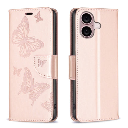 Embossing Two Butterflies Pattern Leather Phone Case, For iPhone 16 Pro Max, For iPhone 16 Pro, For iPhone 16 Plus, For iPhone 16