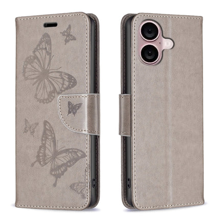Embossing Two Butterflies Pattern Leather Phone Case, For iPhone 16 Pro Max, For iPhone 16 Pro, For iPhone 16 Plus, For iPhone 16