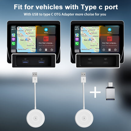 USB + USB-C / Type-C Wired to Wireless Carplay Adapter for iPhone