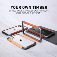 R-JUST Metal + Wood Frame Protective Case, For iPhone 11, For iPhone 11 Pro, For iPhone 11 Pro Max, For iPhone SE 2022 / SE 2020 / 8 / 7, For iPhone X / XS, For iPhone XS Max, For iPhone XR