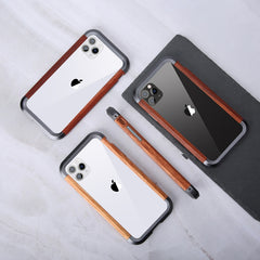 R-JUST Metal + Wood Frame Protective Case, For iPhone 11, For iPhone 11 Pro, For iPhone 11 Pro Max, For iPhone SE 2022 / SE 2020 / 8 / 7, For iPhone X / XS, For iPhone XS Max, For iPhone XR