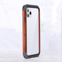 R-JUST Metal + Wood Frame Protective Case, For iPhone 11, For iPhone 11 Pro, For iPhone 11 Pro Max, For iPhone SE 2022 / SE 2020 / 8 / 7, For iPhone X / XS, For iPhone XS Max, For iPhone XR