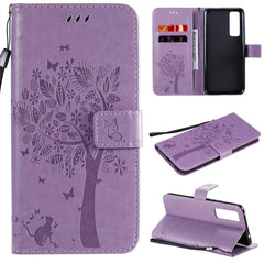 Tree & Cat Embossed Pattern Horizontal Flip Leather Case with Holder & Card Slots & Wallet & Lanyard, For Huawei Nova 7, For Huawei P40 Lite E