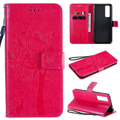 Tree & Cat Embossed Pattern Horizontal Flip Leather Case with Holder & Card Slots & Wallet & Lanyard, For Huawei Nova 7, For Huawei P40 Lite E