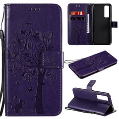 Tree & Cat Embossed Pattern Horizontal Flip Leather Case with Holder & Card Slots & Wallet & Lanyard, For Huawei Nova 7, For Huawei P40 Lite E