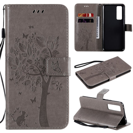 Tree & Cat Embossed Pattern Horizontal Flip Leather Case with Holder & Card Slots & Wallet & Lanyard, For Huawei Nova 7 SE, For Huawei Nova 7