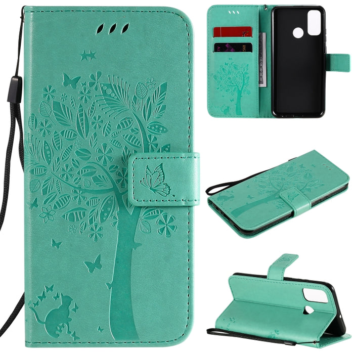 Tree & Cat Embossed Pattern Horizontal Flip Leather Case with Holder & Card Slots & Wallet & Lanyard, For Huawei P Smart 2020, For Huawei Y5p