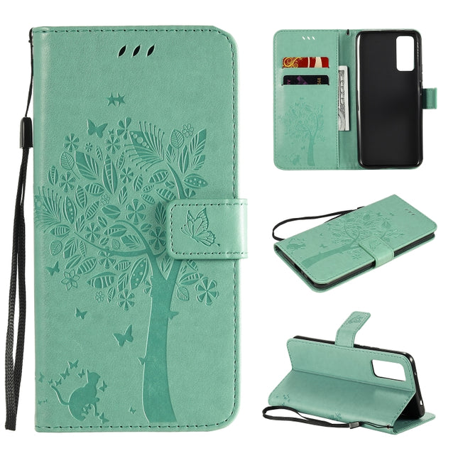 Tree & Cat Embossed Pattern Horizontal Flip Leather Case with Holder & Card Slots & Wallet & Lanyard, For Huawei Honor 30, For Huawei Honor Play4T Pro