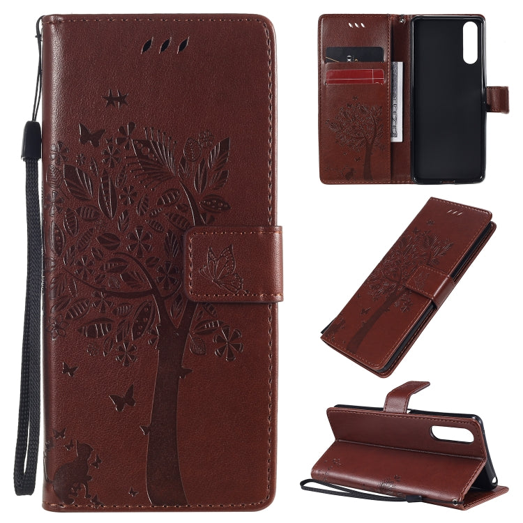 Tree & Cat Embossed Pattern Horizontal Flip Leather Case with Holder & Card Slots & Wallet & Lanyard, For Sony Xperia 10 II