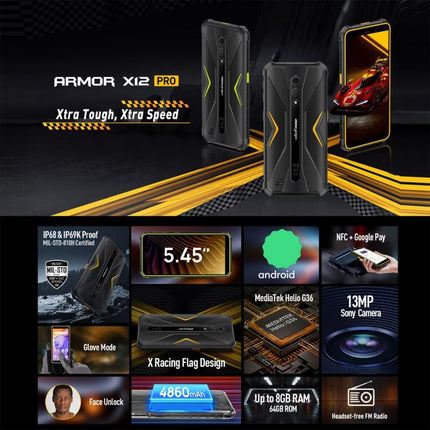 Ulefone Armor X12 Pro, teléfono resistente IP68/IP69K, 5,45 pulgadas, Android 13, MediaTek Helio G36 Octa Core, red: 4G, NFC, 4 GB + 64 GB