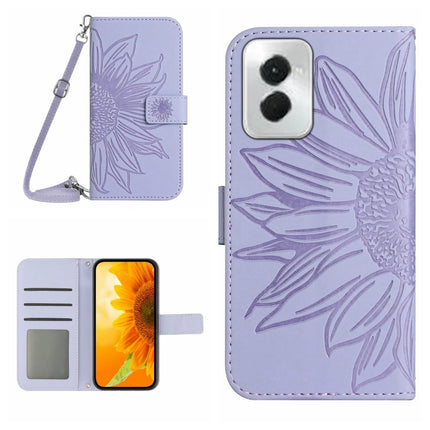 HT04 Skin Feel Sun Flower Embossed Flip Leather Phone Case with Lanyard, For Motorola Moto G Play 5G 2024, For Motorola Moto G Power 5G 2024