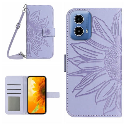 HT04 Skin Feel Sun Flower Embossed Flip Leather Phone Case with Lanyard, For Motorola Moto G45 5G, For Motorola Edge 50 5G