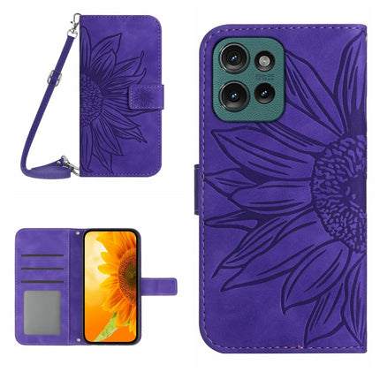 HT04 Skin Feel Sun Flower Embossed Flip Leather Phone Case with Lanyard, For Motorola Edge 50 Neo, For Motorola Moto E14