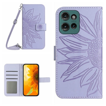 HT04 Skin Feel Sun Flower Embossed Flip Leather Phone Case with Lanyard, For Motorola Edge 50 Neo, For Motorola Moto E14
