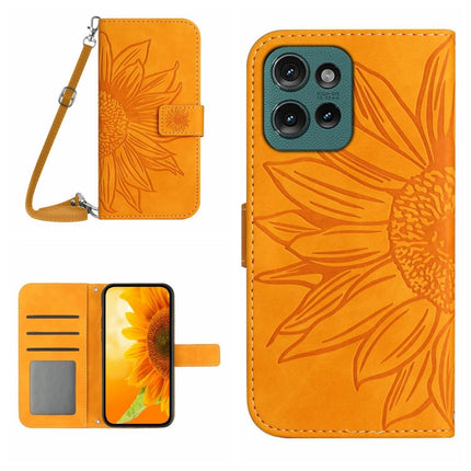 HT04 Skin Feel Sun Flower Embossed Flip Leather Phone Case with Lanyard, For Motorola Moto G15, For Motorola Moto G 5G 2025