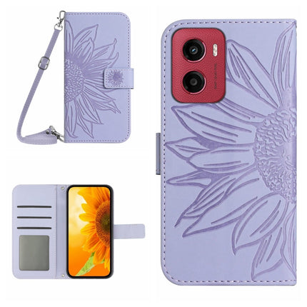 HT04 Skin Feel Sun Flower Embossed Flip Leather Phone Case with Lanyard, For Motorola Moto G Stylus 5G 2025, For Motorola Moto G05