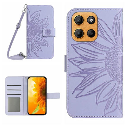 HT04 Skin Feel Sun Flower Embossed Flip Leather Phone Case with Lanyard, For Motorola Moto G Stylus 5G 2025, For Motorola Moto G05