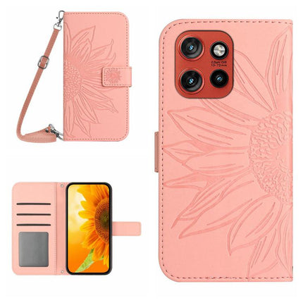 HT04 Skin Feel Sun Flower Embossed Flip Leather Phone Case with Lanyard, For Motorola Edge 60 Neo 5G, For Motorola Moto G06 4G
