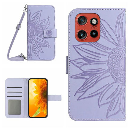HT04 Skin Feel Sun Flower Embossed Flip Leather Phone Case with Lanyard, For Motorola Edge 60 Neo 5G, For Motorola Moto G06 4G