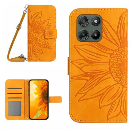 HT04 Skin Feel Sun Flower Embossed Flip Leather Phone Case with Lanyard, For Motorola Moto G67 Power 5G, For Motorola Edge 70 5G Global