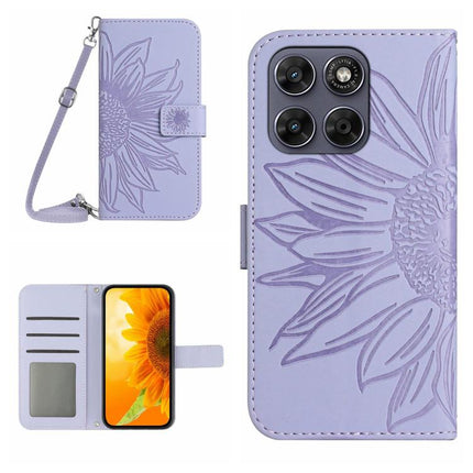 HT04 Skin Feel Sun Flower Embossed Flip Leather Phone Case with Lanyard, For Motorola Moto G Max / G87 / G77 5G, For Motorola Moto G37 5G