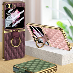 GKK Integrated Plating Diamond Texture PU Phone Case with Ring, For Samsung Galaxy Z Flip6 / Flip7 FE, For Samsung Galaxy Z Flip5