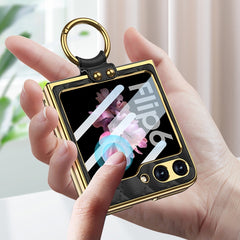 GKK Integrated Plating Diamond Texture PU Phone Case with Ring, For Samsung Galaxy Z Flip6 / Flip7 FE, For Samsung Galaxy Z Flip5