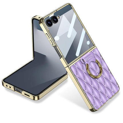 GKK Integrated Plating Diamond Texture PU Phone Case with Ring, For Samsung Galaxy Z Flip6/7 FE, For Samsung Galaxy Z Flip7 5G, For Samsung Galaxy Z Flip5