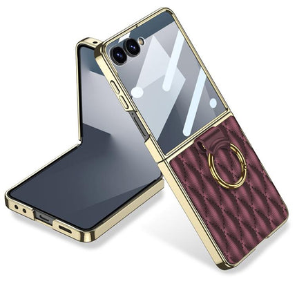 GKK Integrated Plating Diamond Texture PU Phone Case with Ring, For Samsung Galaxy Z Flip6/7 FE, For Samsung Galaxy Z Flip7 5G, For Samsung Galaxy Z Flip5