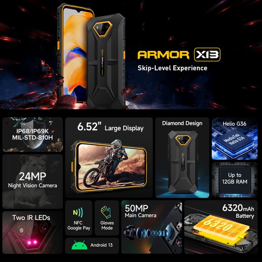 Ulefone Armor X13, IP68/IP69K Rugged Phone, 6.52 inch Android 13 MediaTek Helio G36 Octa Core, Network: 4G, NFC, OTG, 6GB+64GB