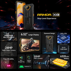 Ulefone Armor X13, IP68/IP69K robustes Telefon, 6,52 Zoll Android 13 MediaTek Helio G36 Octa Core, Netzwerk: 4G, NFC, OTG, 6 GB + 64 GB