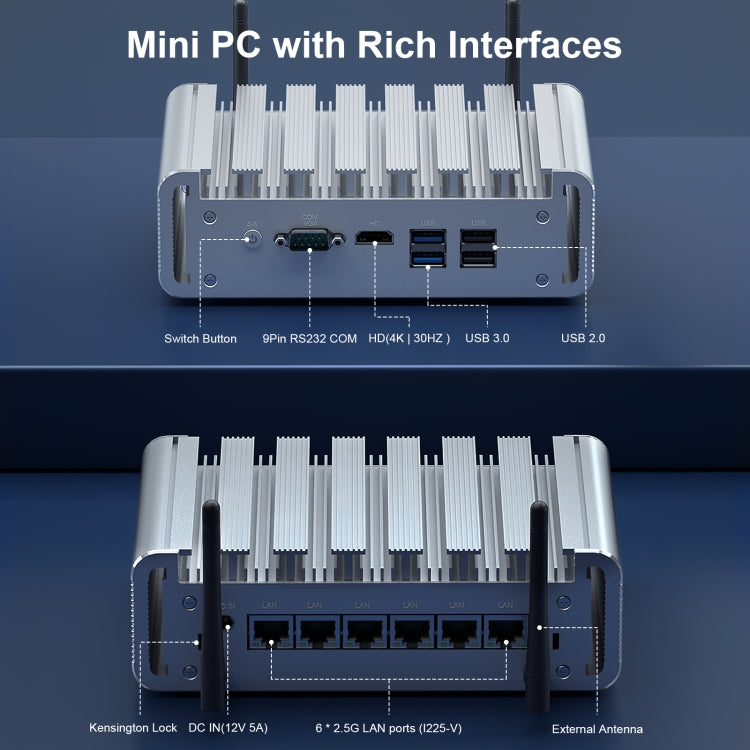 HYSTOU PO9B-J4125-6L Embedded Intel Celeron J4125 Processor Six Network Ports Mini Host, 4GB+64GB