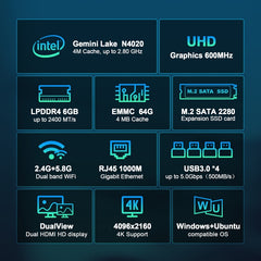 GXMO N42 Windows 11 Intel Gemini Lake N4000 Mini PC NVME SSD WiFi Mini Desktop Computer