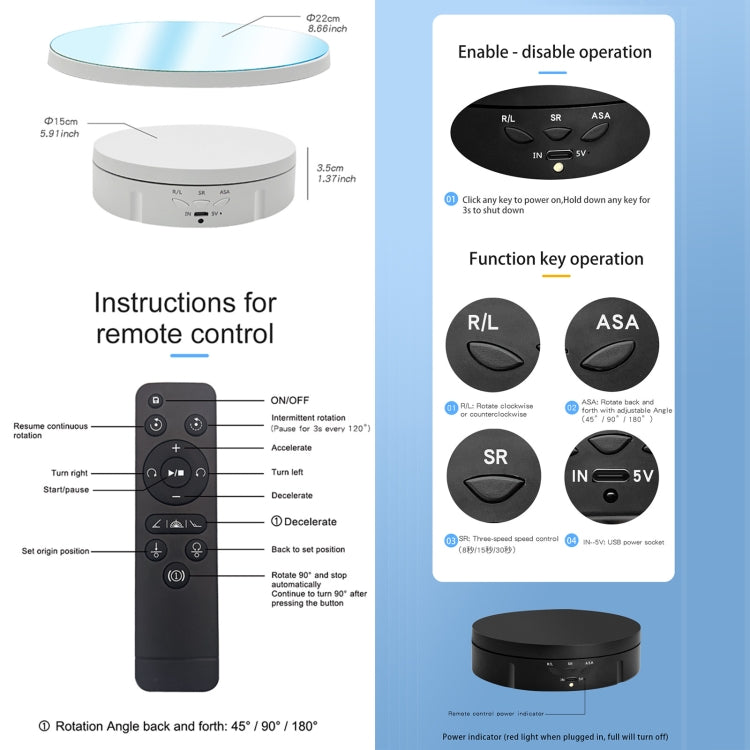 22cm Mirror Electric Rotating Display Stand Live Video Shooting Props Turntable, Regular Version, With Remote Control
