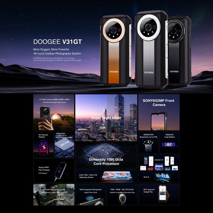 DOOGEE V31GT,  Thermal Imaging Camera, Side Fingerprint, 10800mAh Battery, 6.58 inch Android 13 Dimensity 1080 Octa Core, Network: 5G, OTG, NFC, Support Google Pay, 12GB+256GB