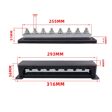 RV 600A High Current busbar 8-way Straight M10 Wiring Studs