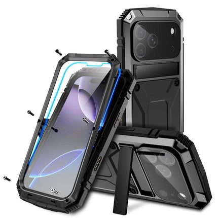 R-JUST Metal + Silicone + Tempered Glass Life Waterproof Phone Case with Holder, For iPhone 18, For iPhone 18 Pro, For iPhone 18 Pro Max, For iPhone 17 Pro Max, For iPhone 17 Pro, For iPhone 17