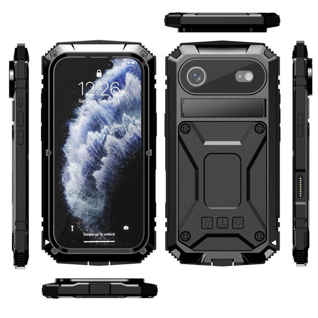 R-JUST Metal + Silicone + Tempered Glass Life Waterproof Phone Case with Holder, For iPhone Air, For iPhone 15 Pro Max, For iPhone 15 Pro, For iPhone 15 Plus, For iPhone 15