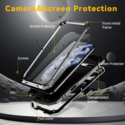 R-JUST Metal + Silicone + Tempered Glass Life Waterproof Phone Case with Holder, For iPhone Air, For iPhone 15 Pro Max, For iPhone 15 Pro, For iPhone 15 Plus, For iPhone 15