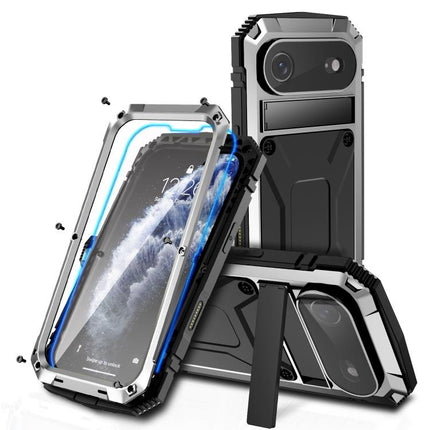 R-JUST Metal + Silicone + Tempered Glass Life Waterproof Phone Case with Holder, For iPhone Air, For iPhone 15 Pro Max, For iPhone 15 Pro, For iPhone 15 Plus, For iPhone 15