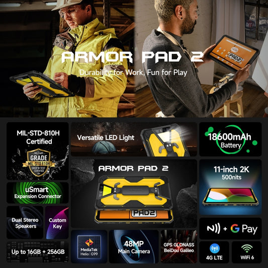 Ulefone Armor Pad 2 Rugged Tablet PC, 16GB+256GB 11 inch Android 13 MediaTek Helio G99 Octa Core 4G Network, Armor Pad 2, Armor Pad 2 (Yellow)